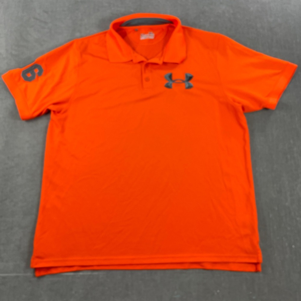 Under Armour Mens XL Orange HeatGear‎ Polo Shirt 96 Sleeve Graphic